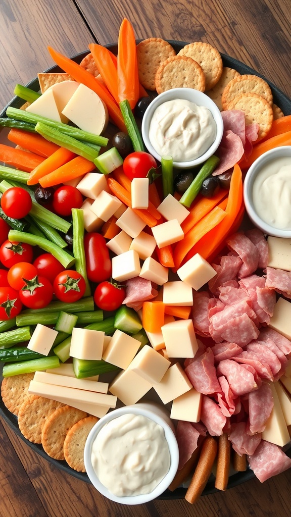 A colorful snack platter with vegetables, cheeses, meats, crackers, and dips, perfect for parties.